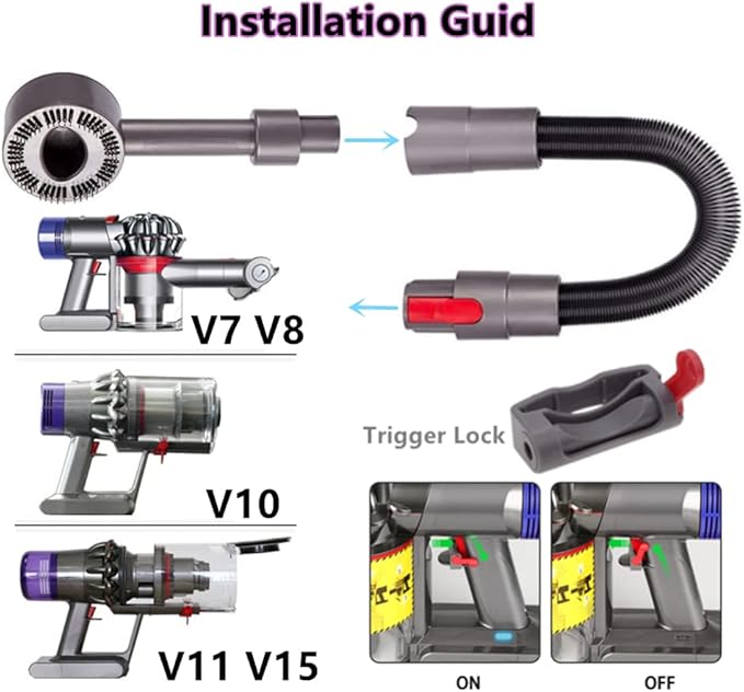 Dog Cat Short Hair Groom Brush Tool Attachment Kit Compatible with Dyson V7(SV11)、V8(SV10)、V10(SV12)、V11(SV14) 、V15, Hair Removal Brush, Extension Hose, Switch Trigger Lock