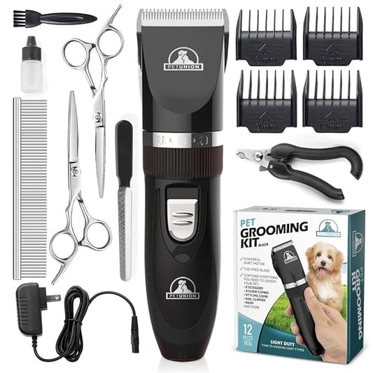 Pet Union Professional Dog Grooming Kit - Cordless Low Noise Dog Clippers for Grooming Thick Coats - All Pet Safe Cat Hair Trimmer - Pet Grooming Kit Includes Dog Hair Clippers, Nail Trimmer & Shears