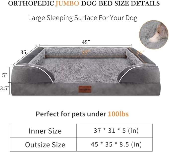 Jumbo Dog Bed for Extra Large Dogs, Waterproof Orthopedic Dog Bed, Jumbo Breed Dog Bed, PV Washable Dog Sofa Bed with Removable Cover & Non-Slip Bottom(Jumbo,Grey)
