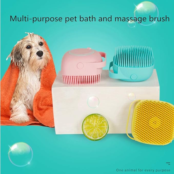 Portable Dog Bath Brush - Pet Massage Brush Shampoo Dispenser Soft Silicone Brush Rubber Bristle for Dogs and Cats Shower Grooming (Blue)