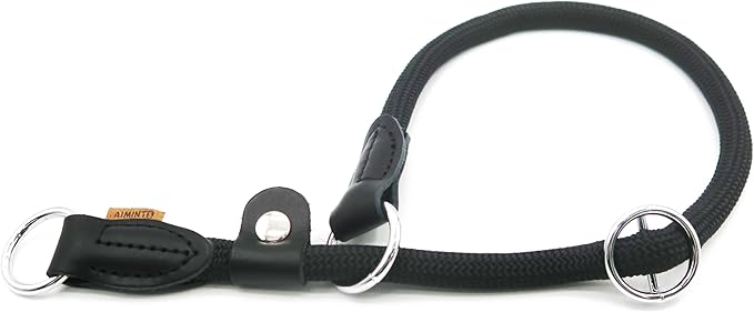 Braided Rope Collar, Training Dog Collar, Round Martingale Collar, Slip Collar with Adjustable Stopper and Slidable Stop Ring - Ideal for Extra Large Dogs (XL(1/2") - 24" Long, Black)