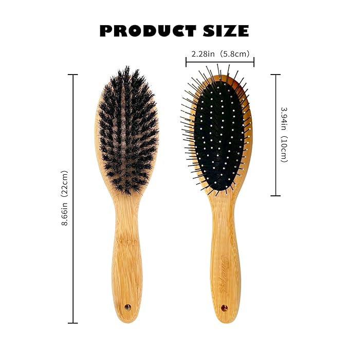 Der Meister Dogs & Cats Double Sided Boar Bristle Pin Brush, Pets Hair Remover, Gently Cleaning Grooming Tool with Bamboo Handle, Remove Loose Hair, Fur, Undercoat, Mats, Tangle, Knots