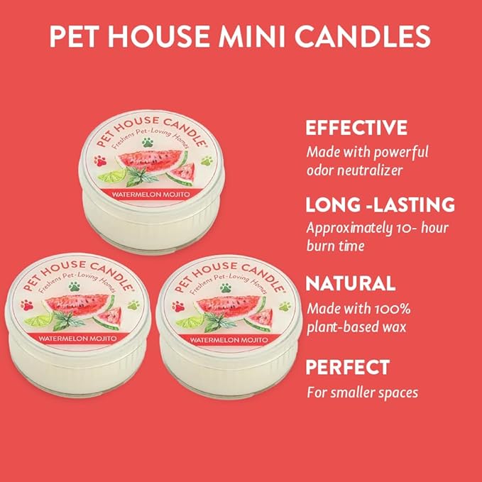 One Fur All Pet House Mini Candles for Pet Odor Made with Natural Soy Wax, Plant Based, Dog and Cat Friendly Scented Candles, Watermelon Mojito Pack of 3