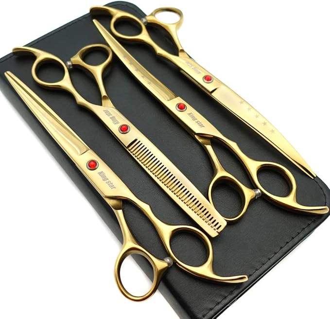 7.0in Titanium Gold Professional Pet Grooming Scissors Set,Straight & Thinning & Curved Scissors 4pcs Set for Dog Grooming,(Gold)