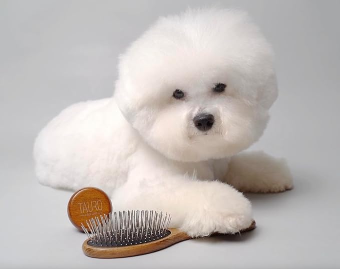 Tauro Pro Line Wooden Dog Brush for Long & Short Hair - Deshedding & Detangling Brown Massage Brush for Dog & Cat Grooming - Oblong Flexible Cushion & Lightweight, Ideal for All Coat Types