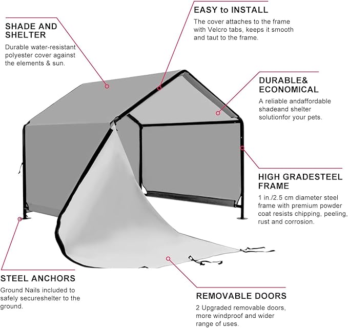 XLarge Outdoor Dog House 4'x4'x3.6' for Large Dogs, Animal Shelter with Upgraded Doors, Outside Sun Rain Canopy Pet House for Dogs, Cats, Small Animals and Livestock, Grey