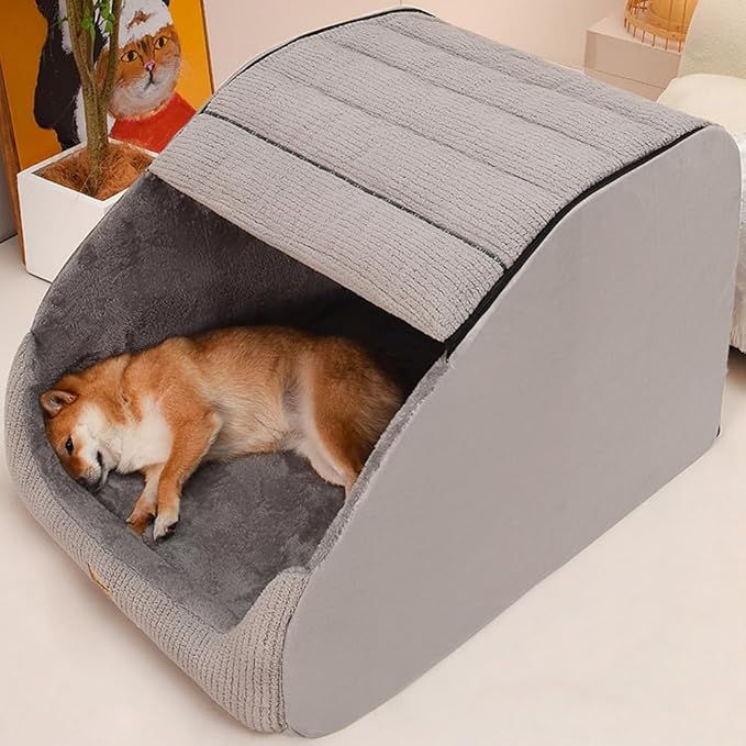Large Dog House Indoor, Soft Plush Dog Cave Bed Covered Dog Bed with Fluffy Washable Cushion, Portable Dog/Cat Pet Tent House for Small Medium Dogs (Grey, Large)