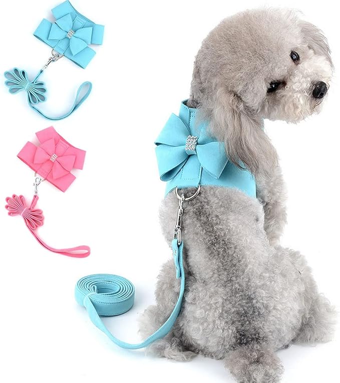 SELMAI Bling Rhinestone Dog Harness Bow Girls Soft Suede Leather for Small Pet Puppy Doggie Cat Girls Vest Collar Leash Set Adjustable/No Pull Chihuahua Yorkie Harness Walking Running Blue S