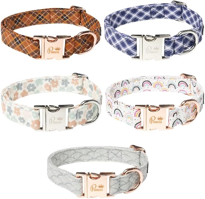 Durable Cotton Blend Dog Collar, Cute & Stylish, Adjustable with Metal Locking Clasp, Made in USA (Blue Plaid, Large)