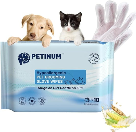 Pet Bathing Glove Wipes for Dogs and Cats, Lick Safe Deodorizing No Rinse Cleaning Glove Wipes with Plant-Based Cat Calming Ingredient, Cleaning Paws, Face, Fur and Butt (10 Pcs)