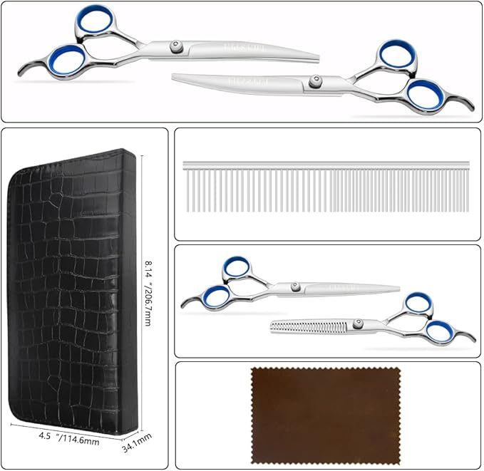 LILYS PET Professional PET DOG Grooming scissors suit,RED ring, Cutting&Curved&Thinning shears (Blue Ring 7.0")