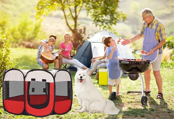 Foldable Pet Dog Playpen, Pop Up Portable Cat Playpen, Indoor/Outdoor for Kitten Puppy Play Pen, Cats Crate Tent with Carrying Bag, 600D Oxford (Red + Beige, Medium (31.5"x31.5"x23"), 8)