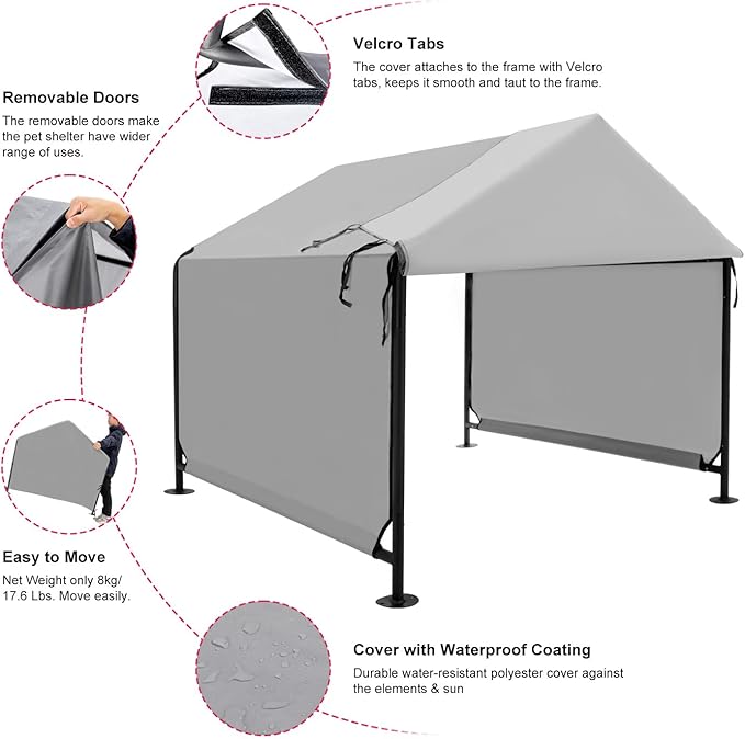 XLarge Outdoor Dog House 4'x4'x3.6' for Large Dogs, Animal Shelter with Upgraded Doors, Outside Sun Rain Canopy Pet House for Dogs, Cats, Small Animals and Livestock, Grey