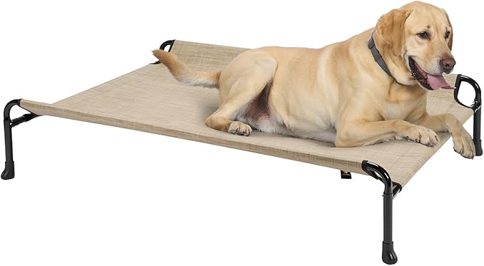 Veehoo Cooling Elevated Dog Bed, Raised Dog Beds for Large Dogs, Outdoor Dog Bed with Guardrail, Upgraded Non-Slip Feet, Breathable Teslin Mesh, Portable Camping Dog Cot, 41 x 27 Inches, Beige Coffee