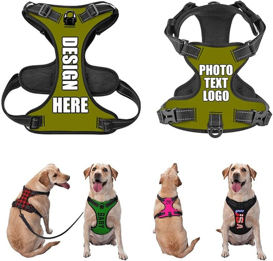 Custom Dog Harness with Name Phone No., Customized No Pull Pet Vest for Small Medium Large Dog, Personalized Heavy Duty Dog Vest, Adjustable Reflective Pet Harness Custom, OliveGreen, L