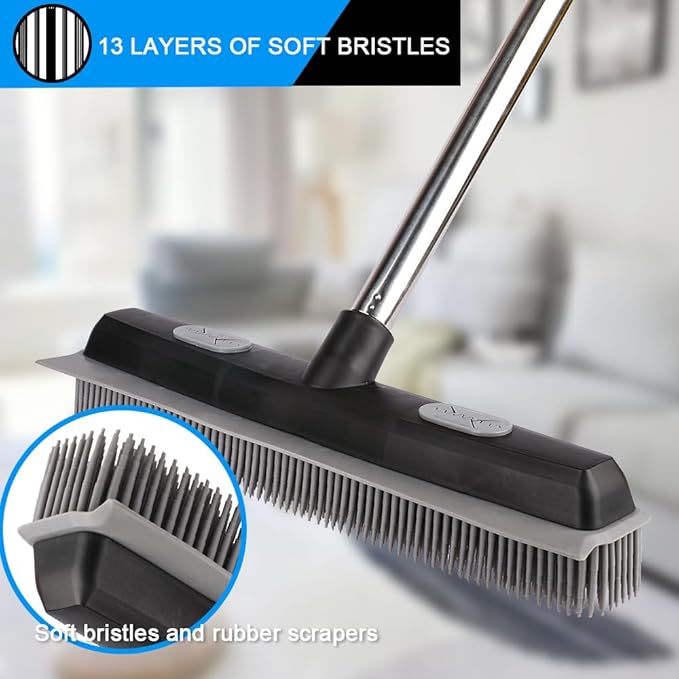 Pet Hair Rubber Broom with Carpet Rake and Pet Brush, 2 in 1 Floor Brush for Carpet, 62 inch Adjustable Handle