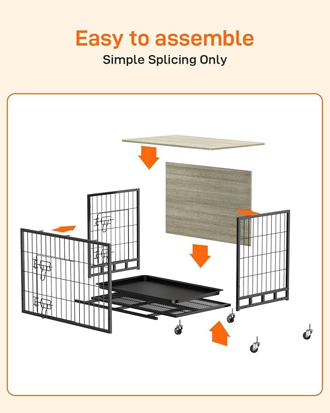 Dog Crate Furniture, Dog Kennel with Dual Doors, Removable Tray & 360° Wheels, Indoor for Large Dogs (Grey & Black, Large)