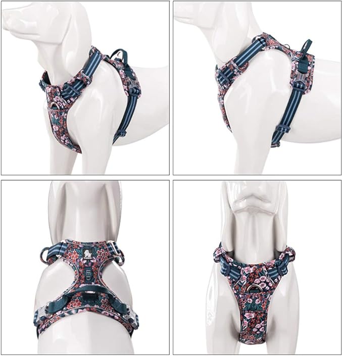 La La Pet® Floral No Pull Dog Harness Reflective Dog Vest Harness with Front & Back 2 Leash Clips and Easy Control Handle for Small Medium Large Dogs 3 Snap Buckles Easy to Put On & Take Off
