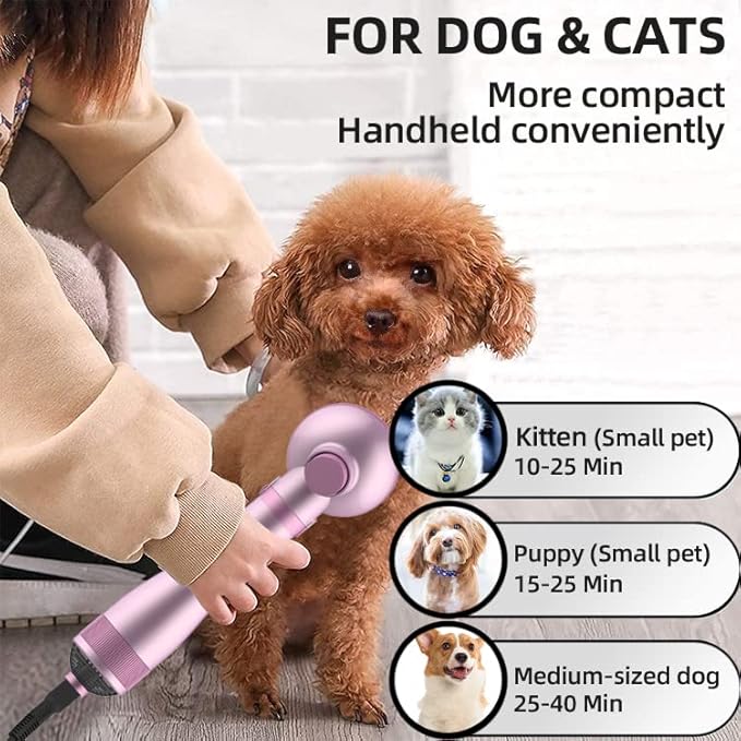 Portable 2-in-1 Gentle Grooming Blower Dryer with Slicker Brush for Dogs and Cats (Sakura Pink)