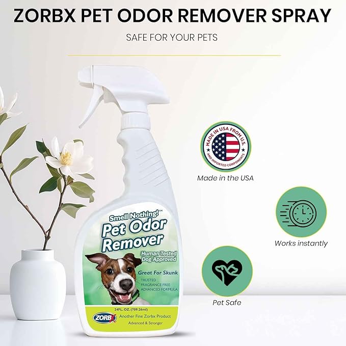 ZORBX Unscented Pet Odor Remover Spray 24 FL Oz – Perfume Free Strong Litter Odor Remover - Advanced Odor Control for Carpet, Bathroom & Urine Odors - Fast Acting Odor Remover Spray for Dogs & Cats