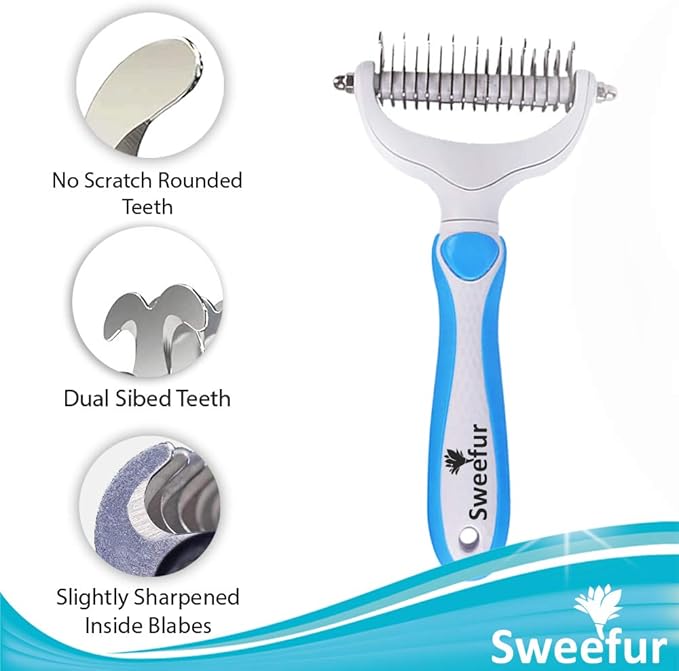 Pet Grooming Comb- 2 Sided Undercoat rake for Dogs & Cats- Professional Teeth pet Brush for Shedding and Remove mats & tangles- Grooming rake Tool for All pet Sizes- Blue