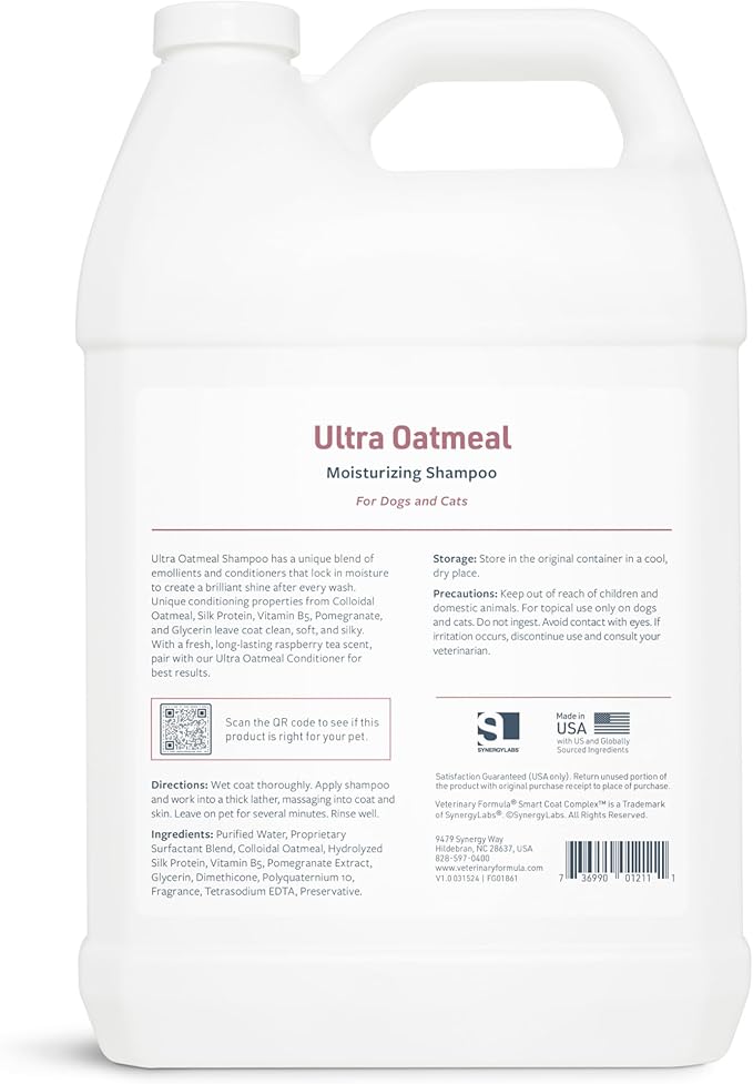 Veterinary Formula Smart Coat Complex Ultra Oatmeal Moisturizing Shampoo for Dogs, 128 Fl oz / 1 Gallon – Moisture-Rich, Nourishing – Leaves Coat Clean, Soft, Silky, Shiny – Long-Lasting Fragrance