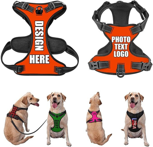 Personalized Pet Harnesses with Name and Phone Number, Heavy Duty Dog Harness with Leash Set Customization, Customizable No Pressure Pet Vest with You Own Design, OrangeRed, XL