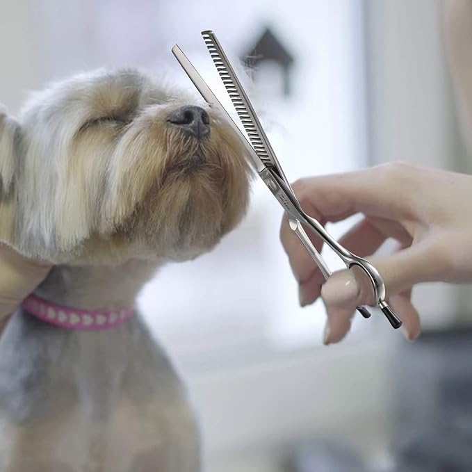 PURPLRBIRD 7 Inch Straight Dog Grooming Scissors Pet Thinning Texturizing Shears Professional Safety Blunt Tip Trimming Shearing for Dogs Cats Face Paws Limbs Japanese Stainless Steel Silver