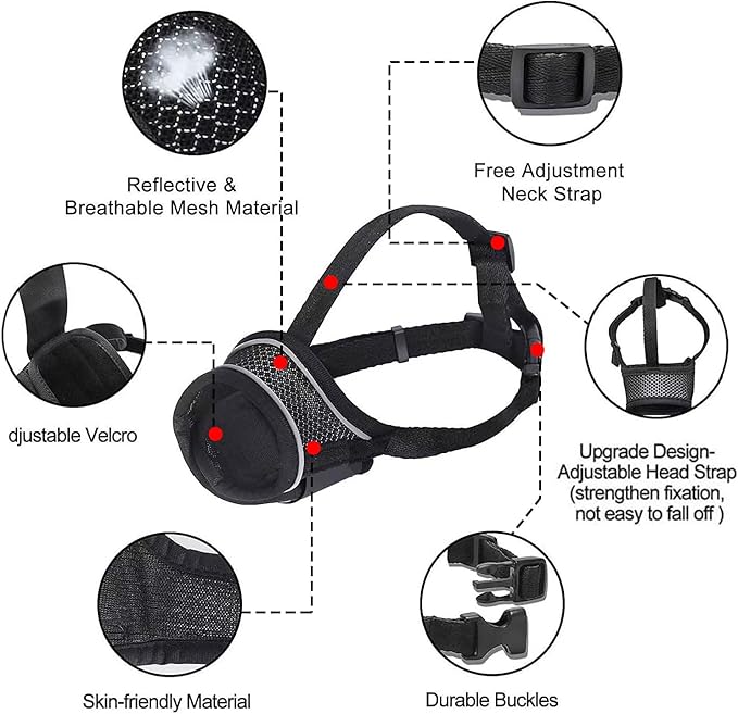Black Dog Muzzle, Breathable Comfortable Mesh Muzzle for Dogs, Dog Training Muzzle, Anti-Biting, Anti-Barking, Anti-Chewing, Adjustable with Reflective Strap XXL