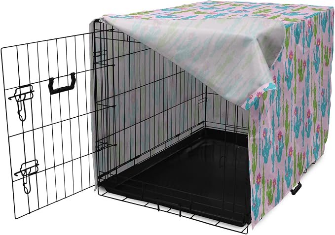 Lunarable Succulent Dog Crate Cover, Pastel Cactus Plants Flowering Desert Botany Foliage in, Easy to Use Pet Kennel Cover for Medium Large Dogs, 48 Inch, Pale Pink Sky Blue Green