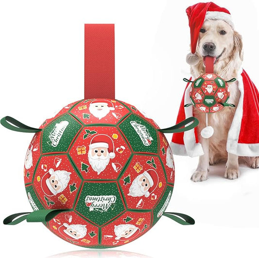 QDAN Christmas Dog Toys Soccer Ball with Straps, Outdoor Interactive Dog Toys for Tug of War, Puppy Birthday Gifts, Dog Tug Toy, Dog Water Toy, Durable Dog Balls for Medium & Large Dogs(8 Inch)