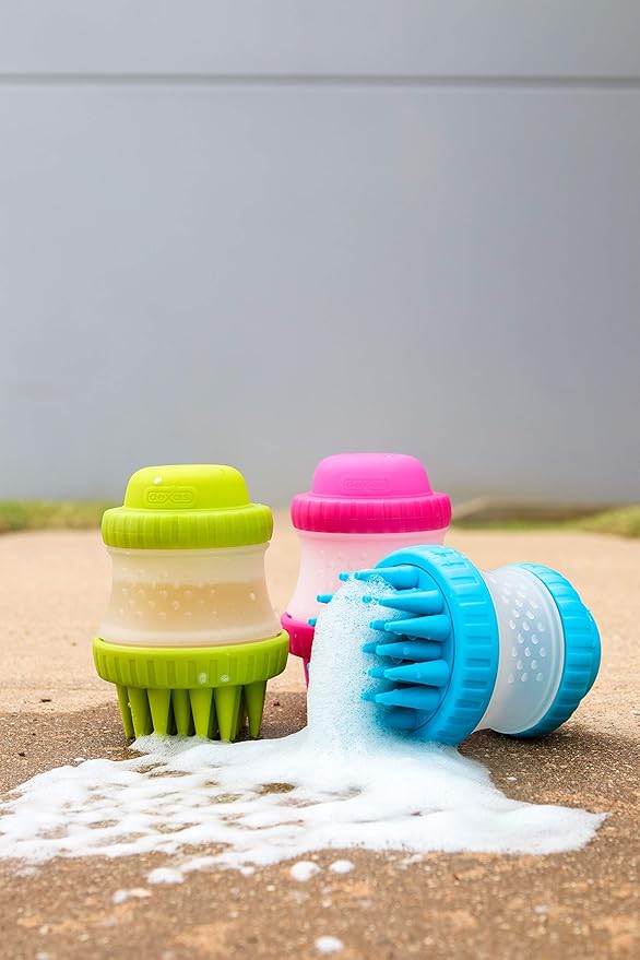 Dexas ScrubBuster Silicone Dog Washing Brush with Built-in Shampoo Reservoir, Blue, One Size (PW73022-312)
