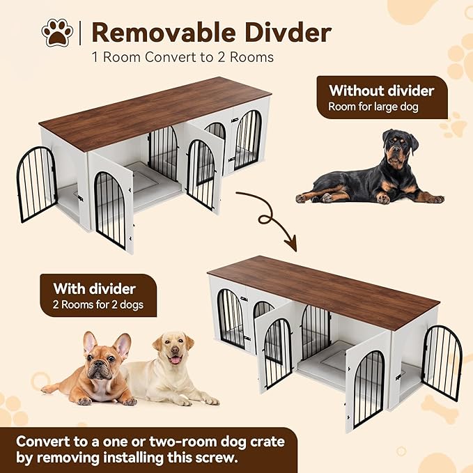 71" Large Dog Crate Furniture for 2 Dogs, Wooden Double Dog Crate with Door, Indoor Dog Kennel TV Stand with Divider and Cushion for Large Medium Dogs,White/Brown