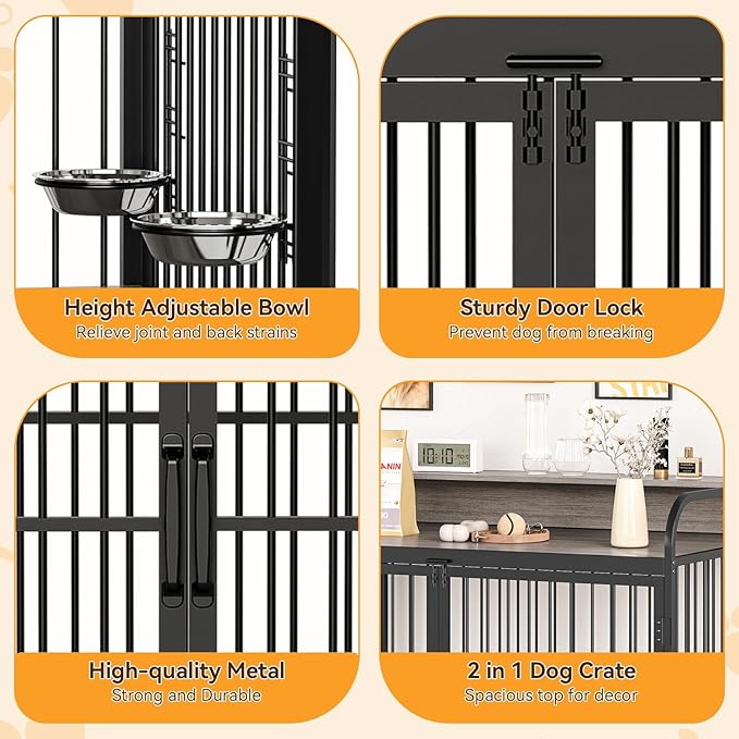 48" L X 30" W X 44.3" H Dog Crate Furniture, Dog Crate Indoor with Adjustable Height Bowls, Wooden Heavy Duty, 48 Inch Dog Kennel Furniture for Large Dogs,Grey