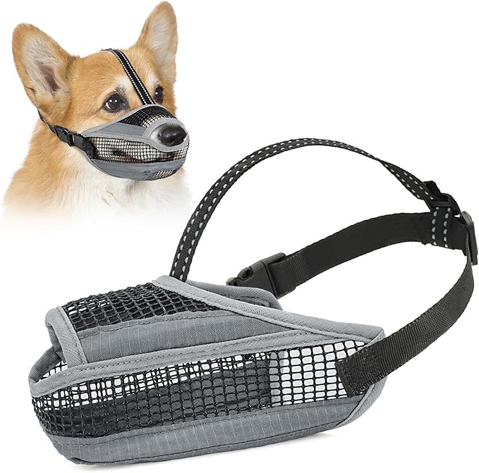 Dog Muzzle for Large Medium Small Dogs, Soft Mesh Muzzle for Dogs with Reflective Adjustable Strap, Prevent Biting Chewing and Licking, Dog Nose Open Design for Reduction Friction (Grey, S)