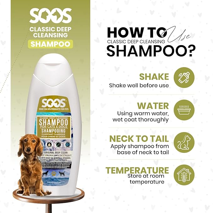 Soos Pet Dog Shampoo Classic Deep Cleansing Pet Shampoo Natural Dead Sea Minerals Fast Absorbing for Dogs and Cats - 1x Shampoo (500ml)