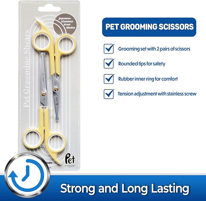 Pet Magasin Japanese Stainless Steel Grooming Scissors (2) for Facial Hair and Larger for Body Trimming with Round Tip (Yellow)