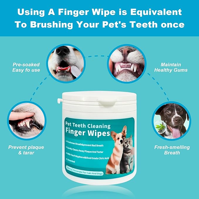PET Teeth Cleaning Wipes for Dogs & Cats, No-Rinse Finger Toothbrush, Reduces Plaque & Freshens Breath Teeth Care Wipes,Disposable pet Cleaning and Gum Care Wipes, 50 Count