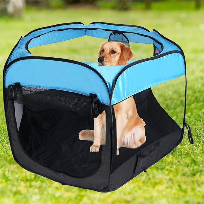 Portable Dog Playpen Cat Tent,Pop Up Playpen for Small Middle Dogs Cats Pet Tent Playground,Indoor Outdoor,37x37x24,Blue/Black,1Pack