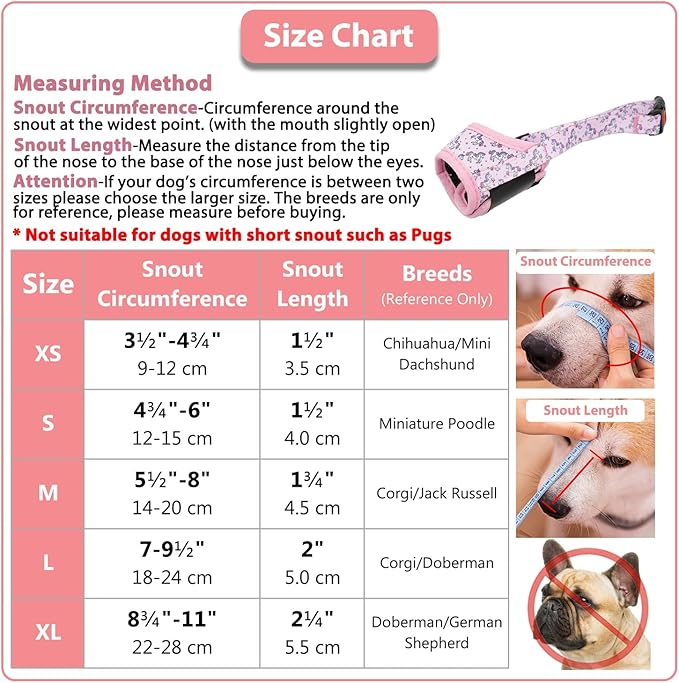 LUCKYPAW Dog Muzzle, Soft Dog Muzzles for Small Medium Large Dogs, Breathable Muzzles to Stop Biting and Chewing with Pattern, Allows Panting and Drinking (XS-(Snout 3½"-4¾"), Pink Unicone)