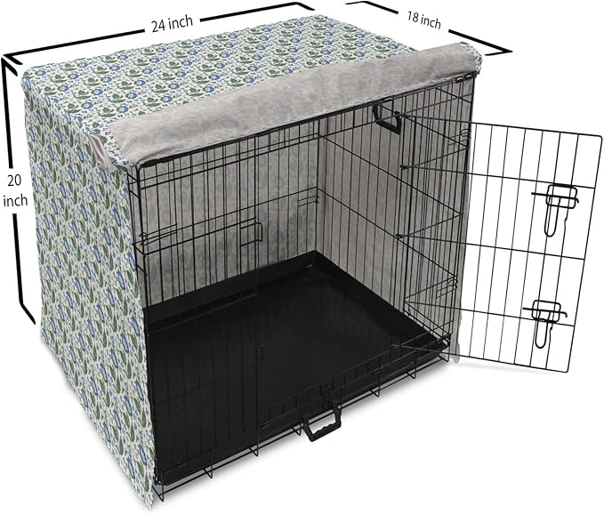 Lunarable Jacobean Dog Crate Cover, Herbal Pattern Pastoral Vintage Rustic Wedding Inspired Foliage Springtime, Easy to Use Pet Kennel Cover for Cats & Medium Dogs, 24 Inch, Blue Green Cream