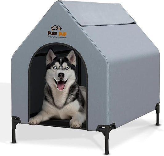 Outdoor Dog House with Elevated Bed, Weatherproof Canopy, Breathable Mesh Fabric with Windows – Ideal Shelter for Large Breeds