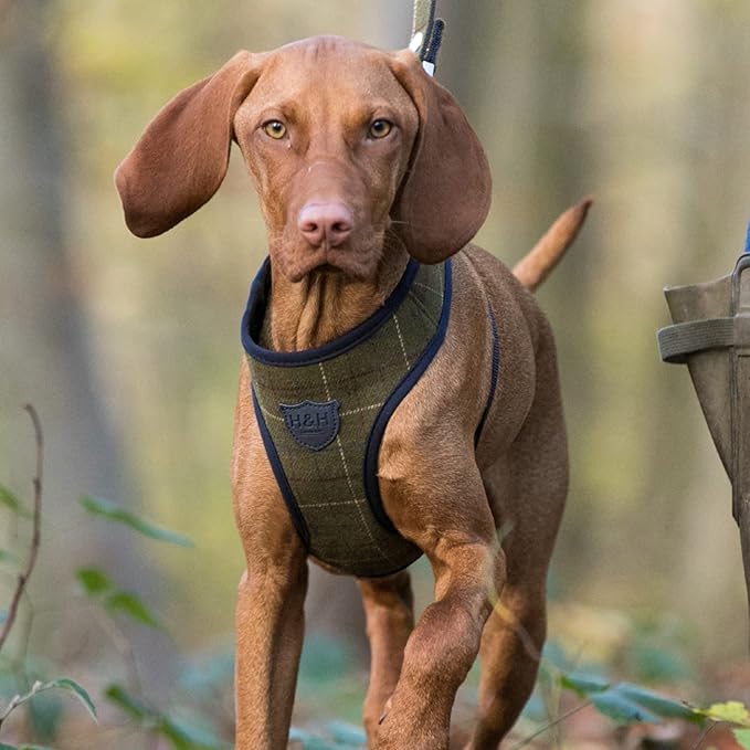 HUGO & HUDSON Dog Harness, No-Pull Anti Choke Tweed Harness Vest, Dark Green Checkered, XS