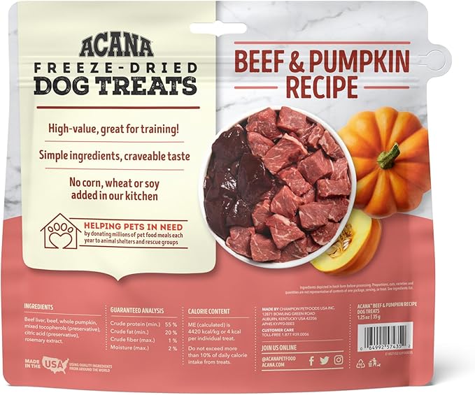 Singles Freeze Dried Dog Treats, Limited Ingredient Grain Free Beef & Pumpkin Recipe, 1.25oz