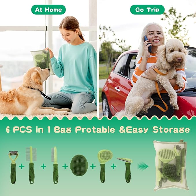 Nobleza 6PCS Dog Grooming Kit, Self-Cleaning Slicker Brush with Massage Tips, Dematting Comb for Shedding and Tangles, Ergonomic Bath Brush, Adjustable Handle, Safe for Dog Cat Puppy, Green