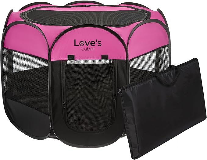 Love's cabin Pet Puppy Dog Playpen, Small Dog Tent Crates Cage Indoor/Outdoor, Portable Playpen for Dog and Cat, Foldable Pop Up Dog Kennel Playpen with Carring Case, Removable Zipper Top, Pink