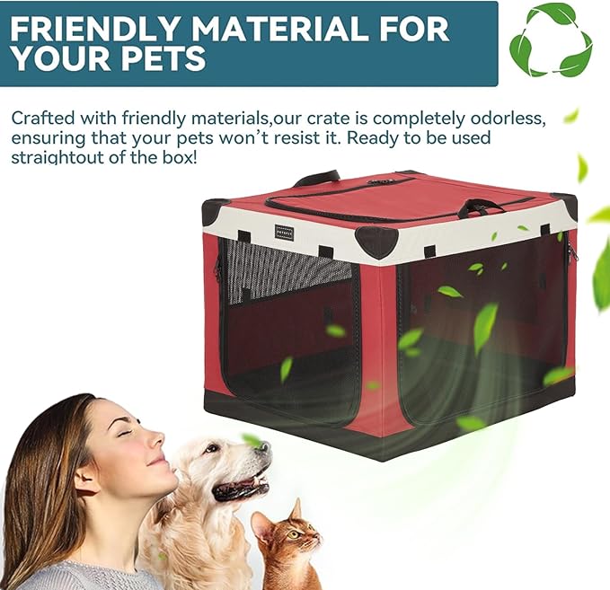 PETSFIT Portable Dog Crate, with Patented Adjustable Fabric Cover, Chewproof & Lockable Mesh Doors, Waterproof Base Portable Kennel Red 26 Inch