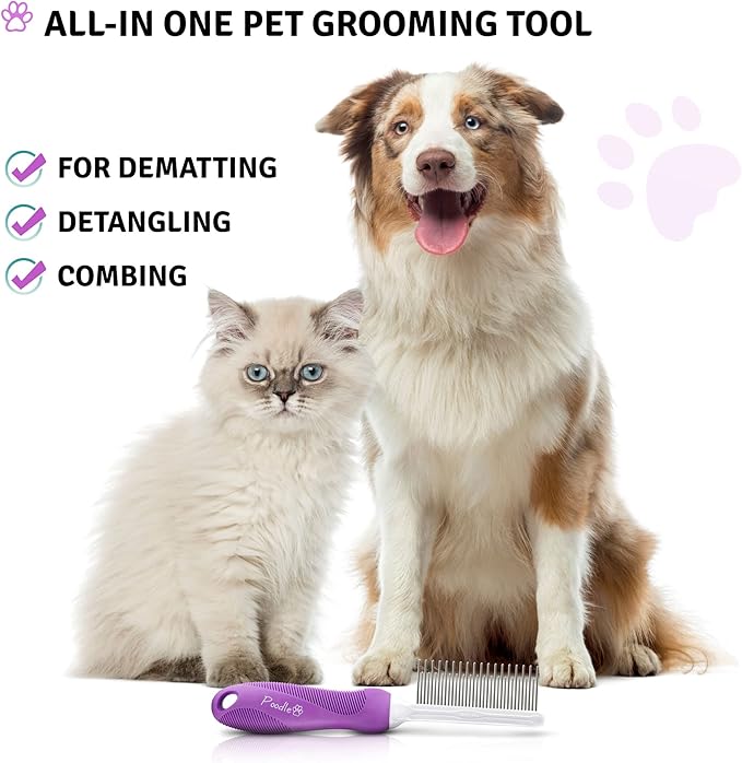Poodle Pet Detangling Pet Comb with Long & Short Stainless Steel Teeth for Removing Matted Fur, Knots & Tangles – Detangler Tool Accessories for Safe & Gentle DIY Dog & Cat Grooming