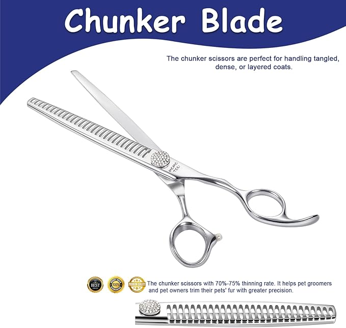 Professional Chunker Dog Grooming Scissors with Simulation Diamond 440C Stainless Steel Polished Pet Cat Trimming Texturizing Shears for Groomers and Home users 8''