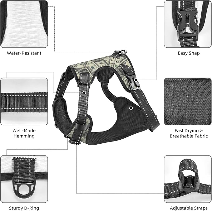 No Pull Dog Harness for Medium Dogs Easy Walk Dog Vest Adjustable Collars Harnesses & Leashes Set Breathable Oxford Outdoor Walking Safety Reflective Strip Dollar Cash Prints